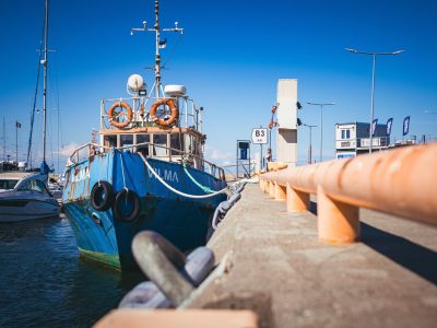 Ships and Boats jigsaw puzzle: Blue Fishing Boat in the Harbor